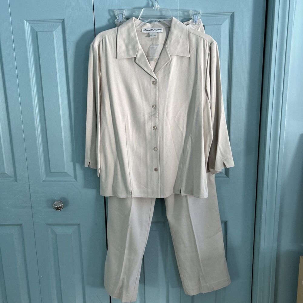 Vtg 90s Norm Thompson Womens Silk Beige Pantsuit 12 Button Front Elastic Waist